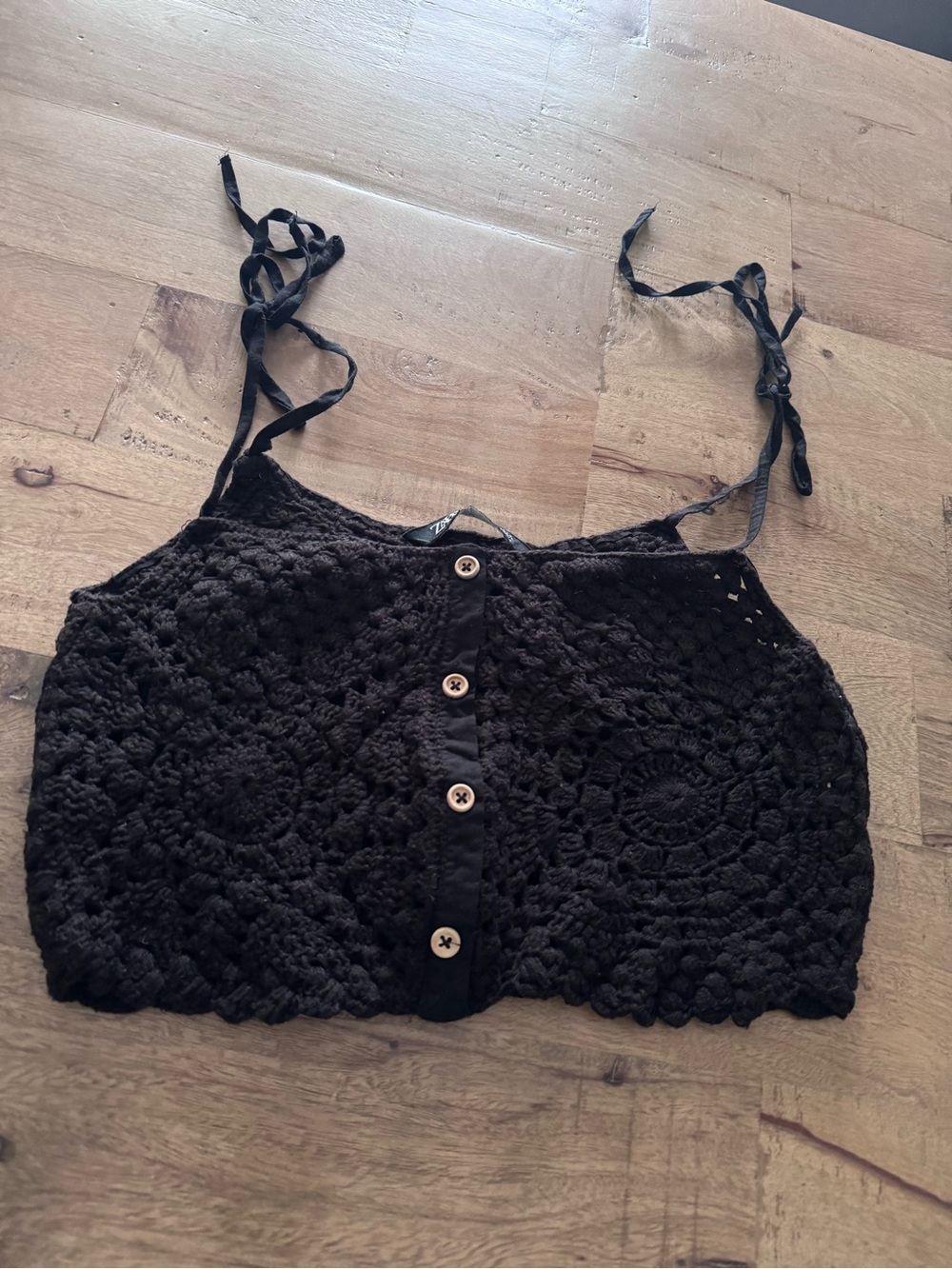 Zara Black Crochet Tie-Shoulder Crop Top Women Tops sz small - Picture 4 of 6